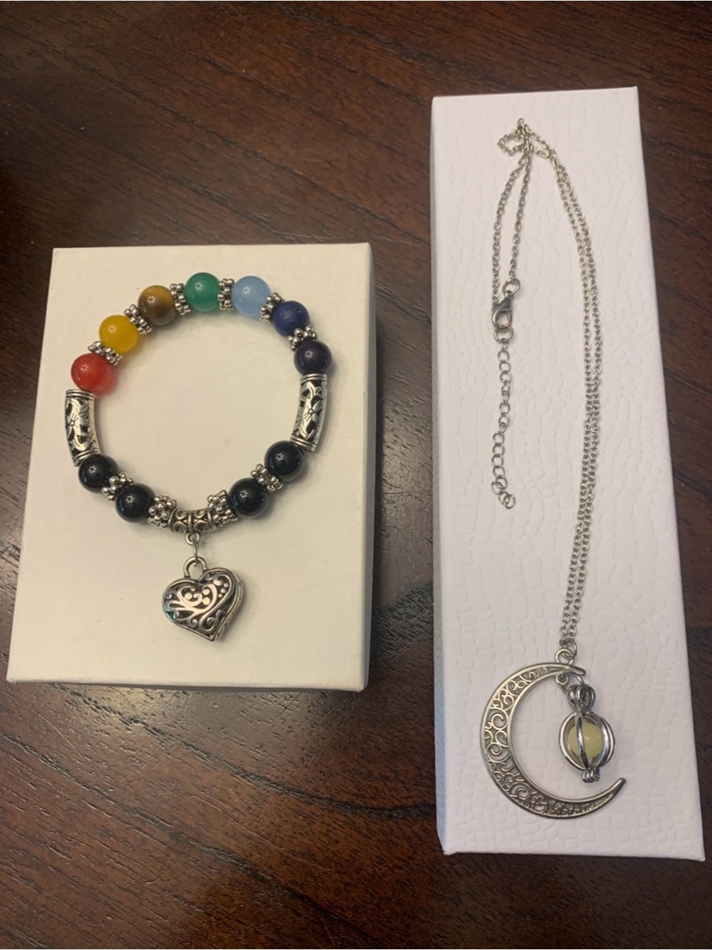 Chakra Stone Heart Bracelet and Glow in The Dark Moon Necklace